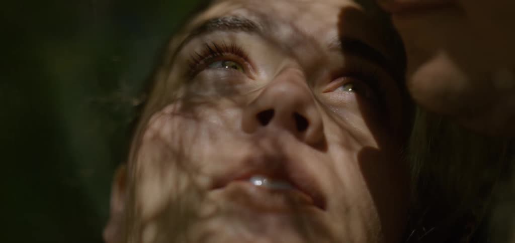 The video shows an extreme closeup of a womans face the sunlight filters through the leaves creating dappled shadows that dance across her skin and green eyes as she looks upward with a content smile