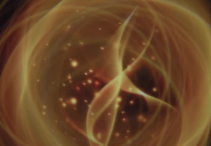 Abstract shapes in orange tones with scattered glowing dots