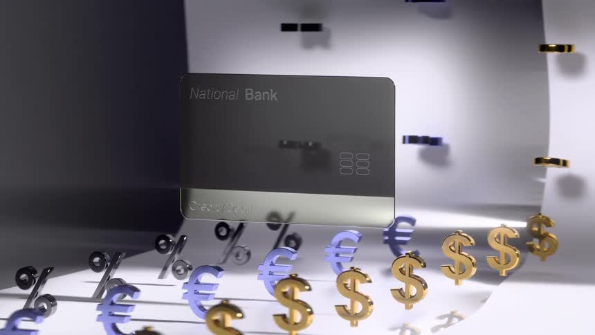 Credit card from national bank floats surrounded by dollar euro and percentage symbols
