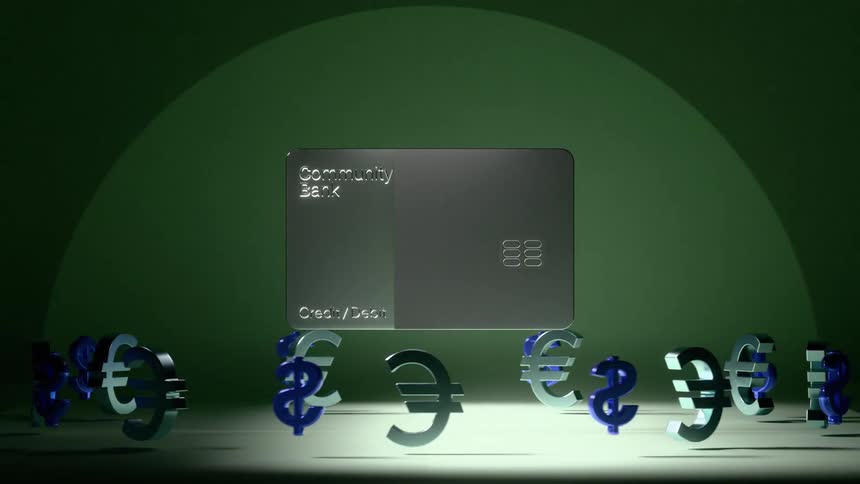 Silver credit card surrounded by 3d euro and dollar symbols against a green background