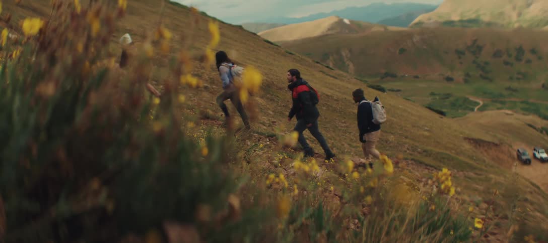 Group of four people hikes up a rocky slope with yellow flowers in the foreground
