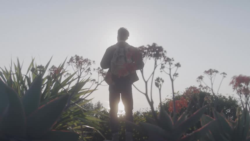 Man wearing a backpack stands in the garden facing the sun sitting above the horizon