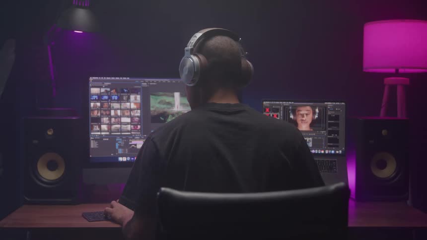 A man wearing headphones looks at images on his computers screen