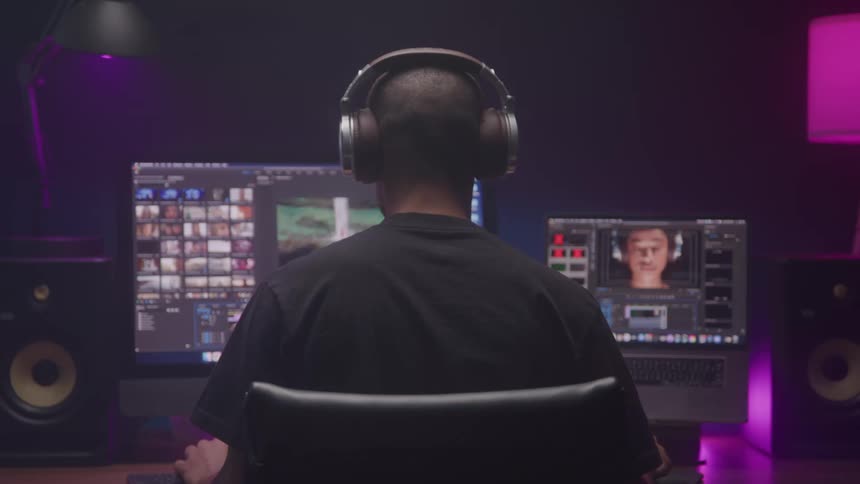 A person wearing a black shirt and headphones sits in a dark room with purple lighting facing away from the camera and toward two bright computer monitors displaying a video editing program