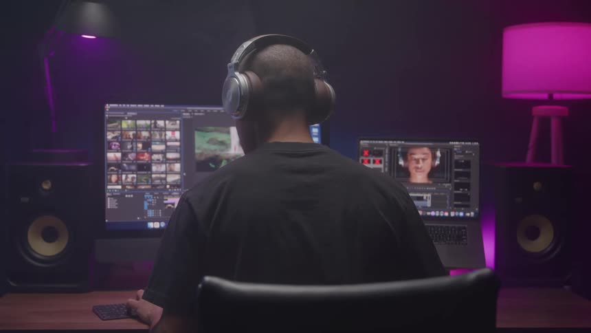 The man is working at his computer