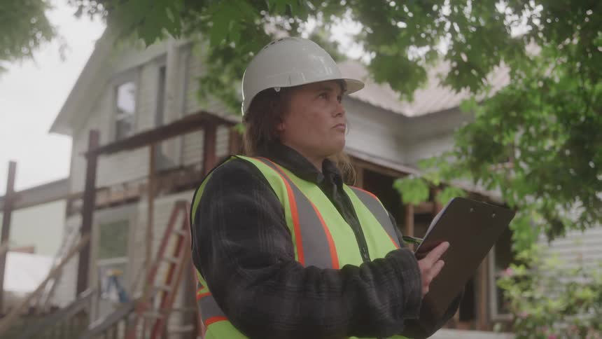 The construction worker is taking notes on a clipboard