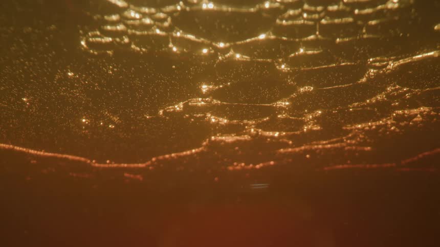 A dark orange abstract shot shows an uneven surface covered in shimmering golden bright bubbles that move across the top of the frame