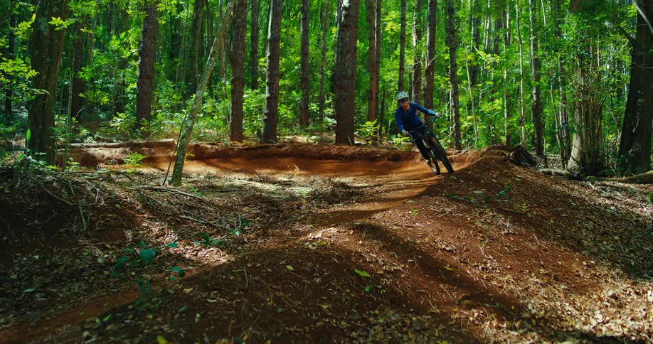 A lowangle eyelevel shot captures a person on a mountain bike riding on a dirt track through a dense forest the biker descends a steep curvy ramp kicking up dirt as they go