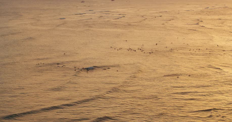 Surfers fill the water ahead