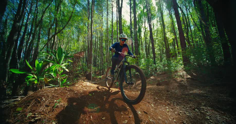 Mountain biker riding down a dirt trail through the forest
