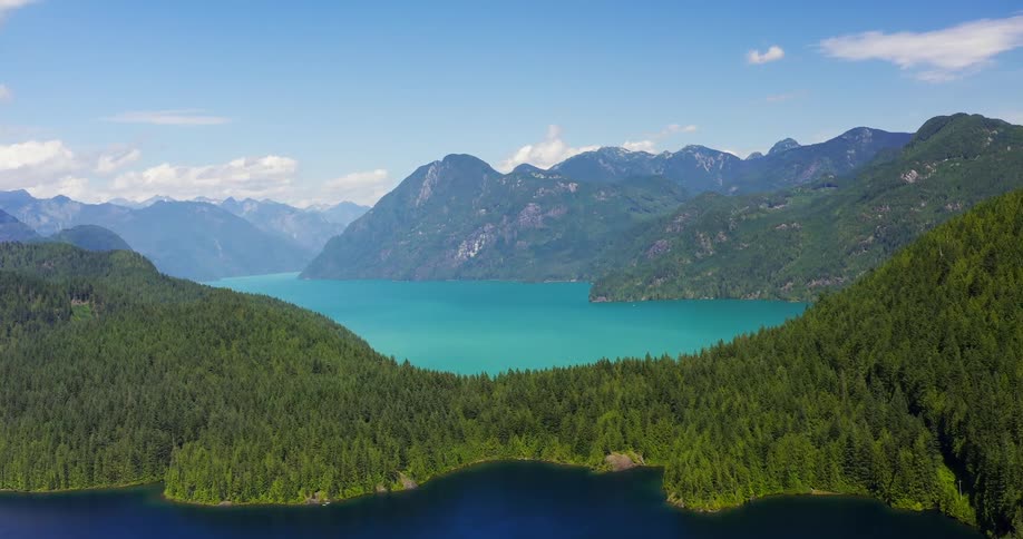 A stunning aerial view captures a vibrant turquoise lake nestled between lush pine covered mountains under a bright blue sky
