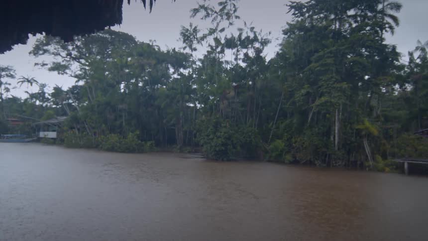 A muddy river flowing past a lush tropical jungle with a small village and a boat docked on the shore