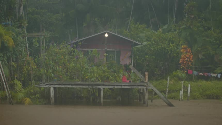 It is raining outside the shelter near the woods
