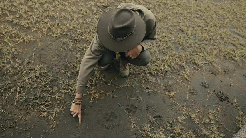 Man wearing a hat crouches and points at animal tracks on the ground