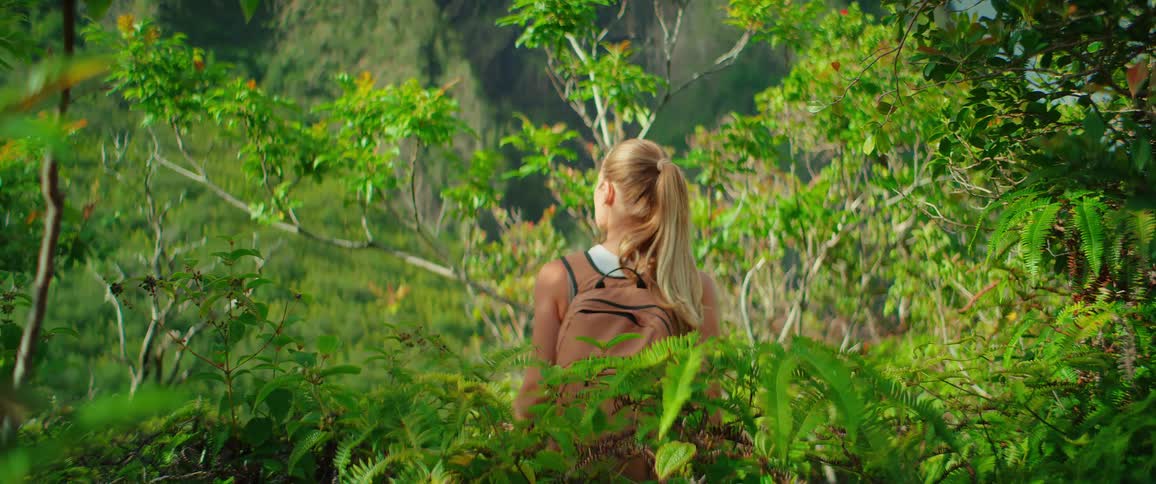 A person with a backpack is hiking through a lush green forest with thick vegetation and ferns they pause to look out at the beautiful view of the tropical mountains