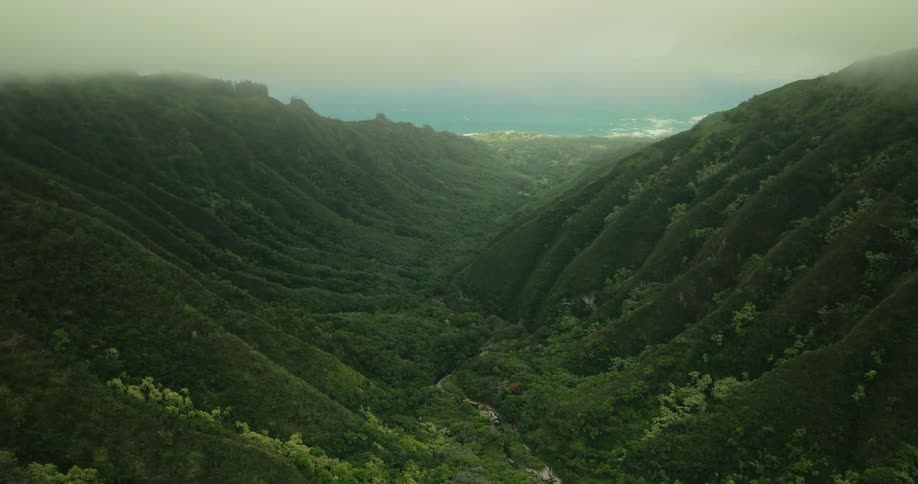 The video shows an aerial view of a lush green valley with steep cloudcovered mountains on either side a winding stream is visible at the bottom of the valley and the ocean can be seen in the distance where the valley opens up
