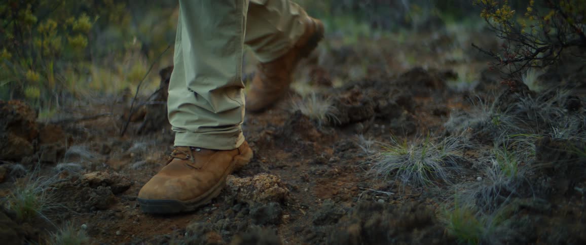 A man wearing brown boots walks across dirt soil between bushes