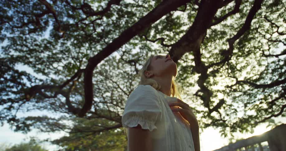 The video shows a lowangle shot of a woman with blonde hair standing under a large tree the sunlight filters through the branches creating a dappled light effect on her and the surrounding area