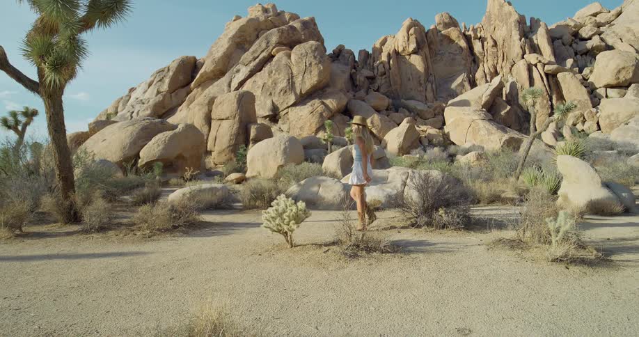 A young woman wearing a widebrimmed straw hat and a white dress walks through a desert landscape she is surrounded by large rocks and joshua trees as she walks away from the camera