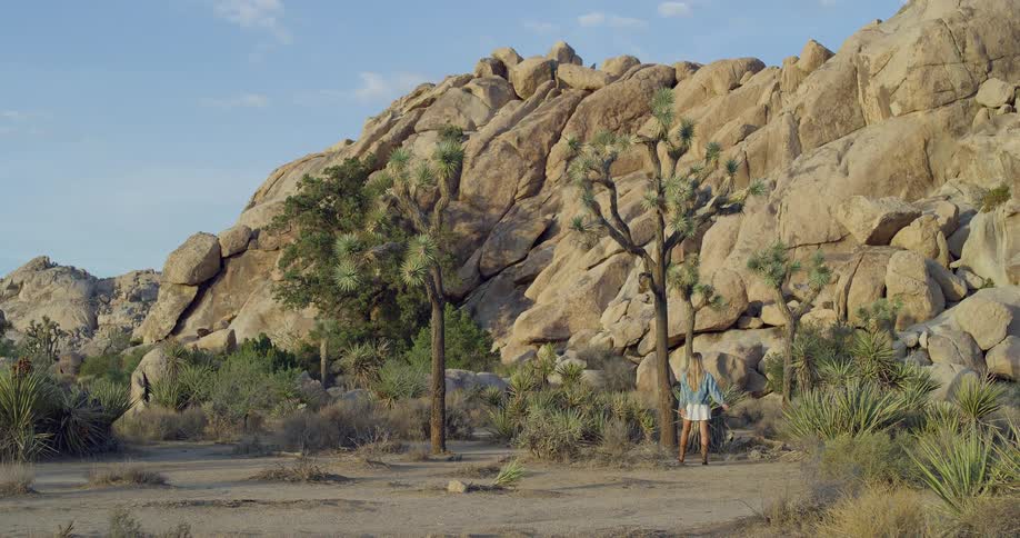 A person walks through a desert landscape with rock formations