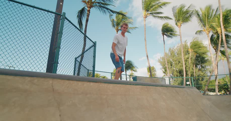 A young man skateboards at a park surrounded by palm trees