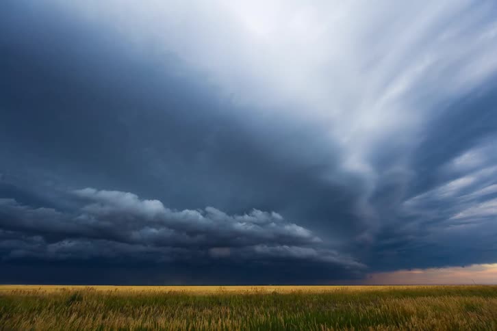 Dark storm clouds gather over a wide grassy plain