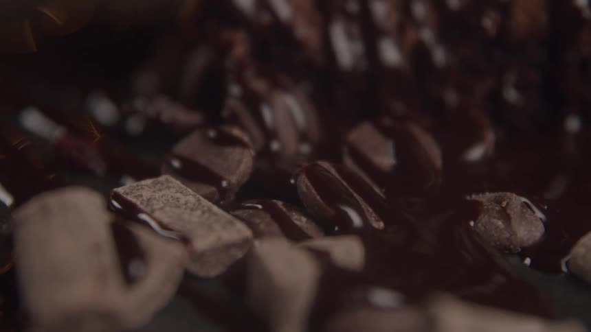 A rich chocolate cake is covered in melted chocolate and surrounded by chocolate chips