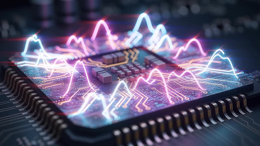 Processor with circuits glowing with vibrant energy lines