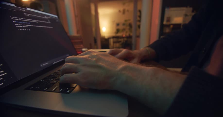 Hands type on an open laptop with a dark screen in a softly lit room