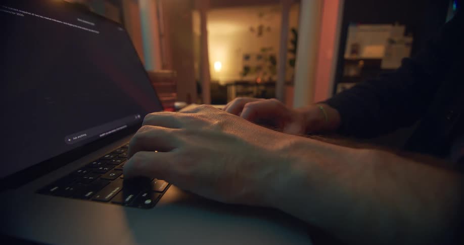 A man types on a laptop keyboard while sitting at home