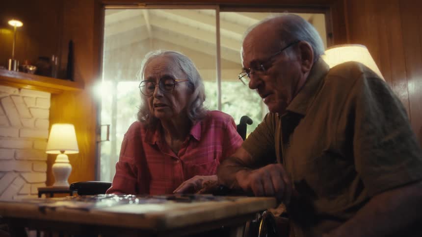 Elderly couple sitting side by side assembling a puzzle on a small table