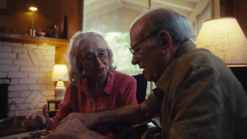Elderly couple smiling together while working on a puzzle