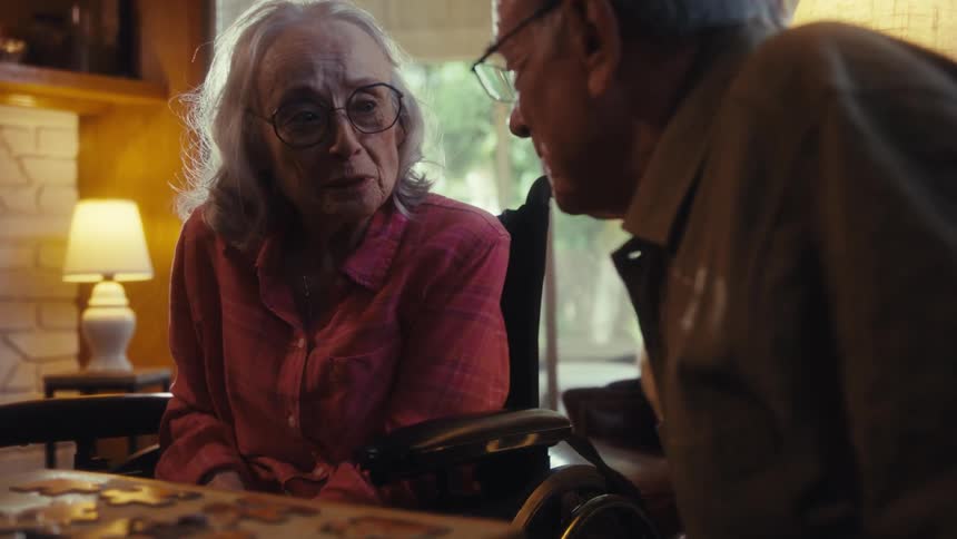 Close up of an elderly man and woman playing a jigsaw puzzle board game while sitting at a table indoors during daytime
