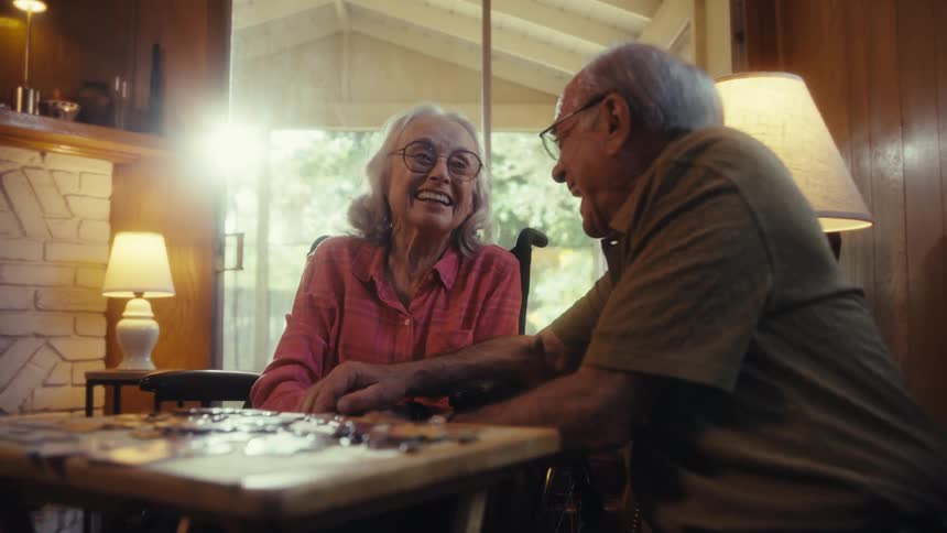 Elderly friends laugh and talk while working on a jigsaw puzzle at home together