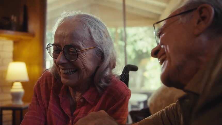 An elderly couple shares a warm laugh at home faces lit by cozy window light and a nearby lamp