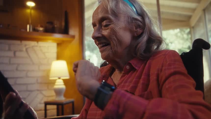 Close up of an elderly woman using a mobile phone while sitting on a wheelchair indoors during daytime