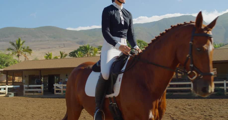 Woman riding a horse in an equestrian arena with mountains in the background