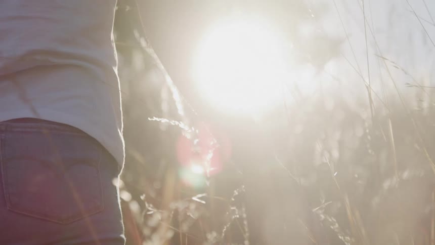 A person in a white shirt and blue jeans walks through a field of dry grass their hand trailing through the blades the setting sun behind them creates a warm backlight giving the scene a soft golden glow