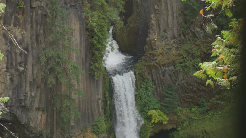 A tall thin waterfall cascades down a sheer rocky cliff covered with green trees and moss
