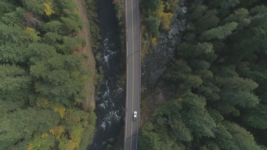 The video shows a highangle birdseye view of a road and a river running parallel to each other the road appears to be a bridge that crosses the river and both are surrounded by a lush forest several cars can be seen driving along the road