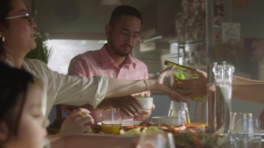 The family talks and eats together