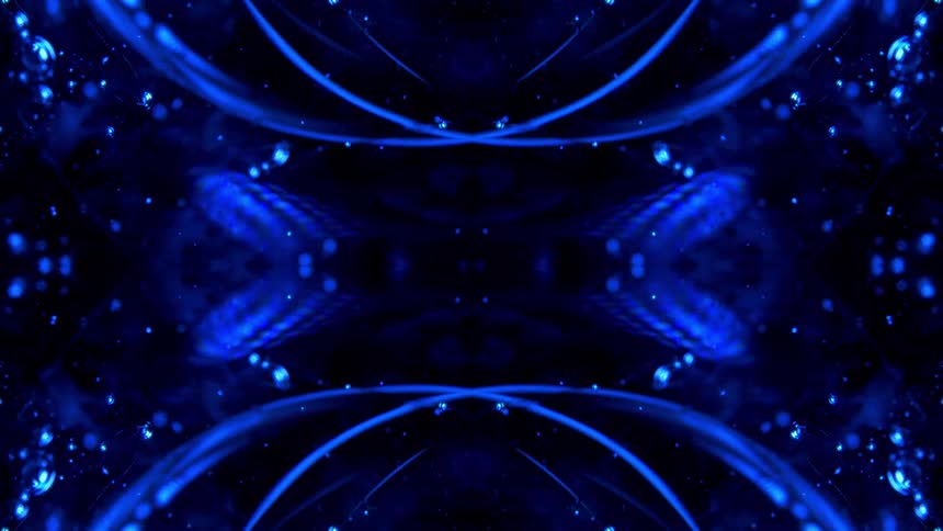 A kaleidoscopic pattern of bright blue light shapes and dots moves across a dark blue and black background