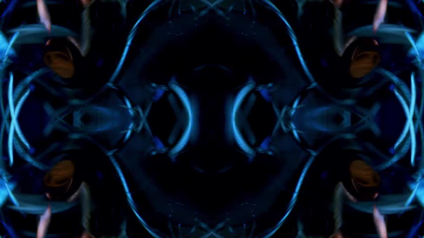 A symmetrical animated abstract design pulsates on a black background the design is a mix of brown and blue shapes with vertical blue lines at the center