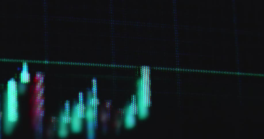 Macro close up of laptop screen showing bullish candlestick pattern or financial market chart as Bull Flag breaks resistance to the upside creating massive gains and profits for successful traders and brokers using online service platform or application