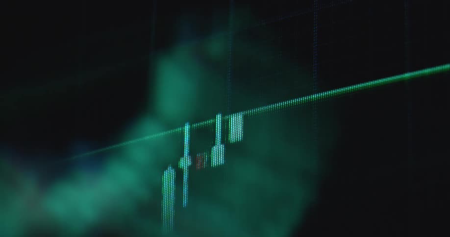 The candlestick trading chart or graph steadily rises with a positive upward tendency and trend showing the price development of the MSCI World or S&P 500 or another ETF as a store of value and protection against inflation