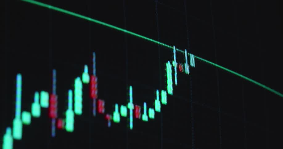 Red and neon green glowing candles create a bullish candlestick chart pattern with upward movement and positive price development as symbol for a healthy commodity or equity market or profitable stock or crypto trades via online broker app