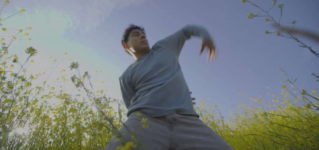 A man dances in a field