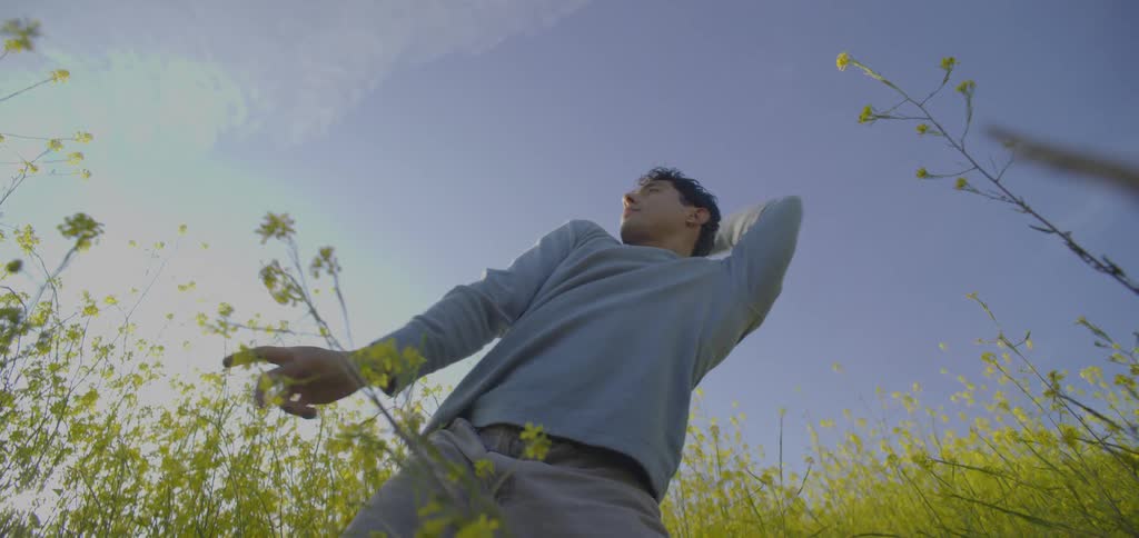 A young man standing in a tall grassland performing kung fustyle movements shifting left and right at midday