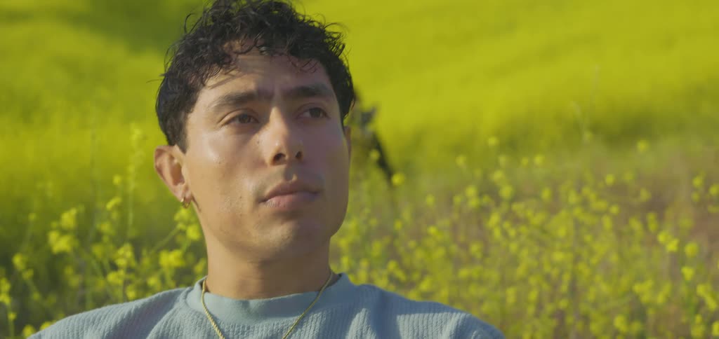 Man with a serious expression stands in a flower field with a blurred figure in the background