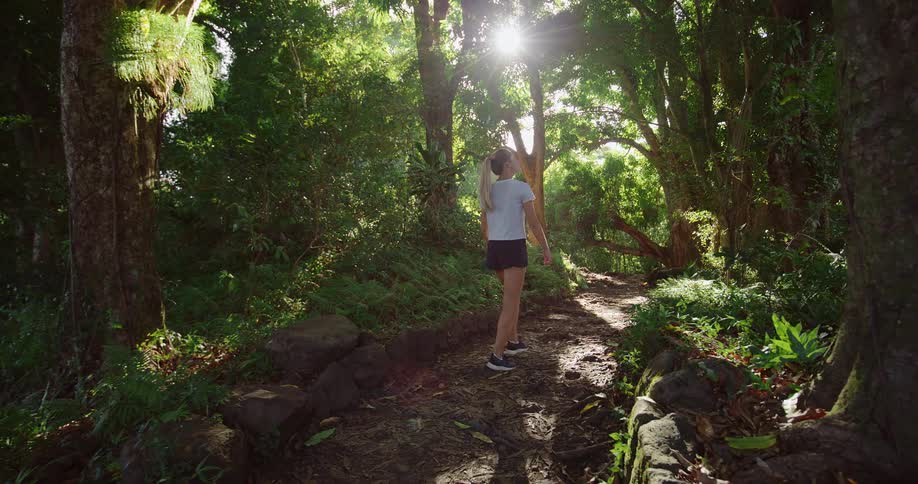 A woman walking on a sundappled path through a dense green forest with large trees and ferns lining the trail